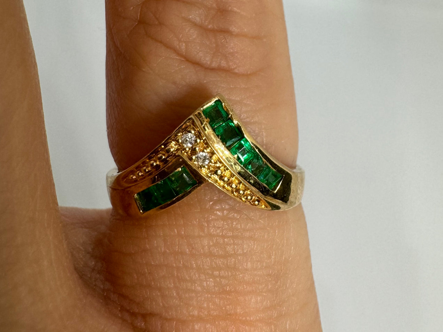 14K gold ring set with Emeralds & Diamonds