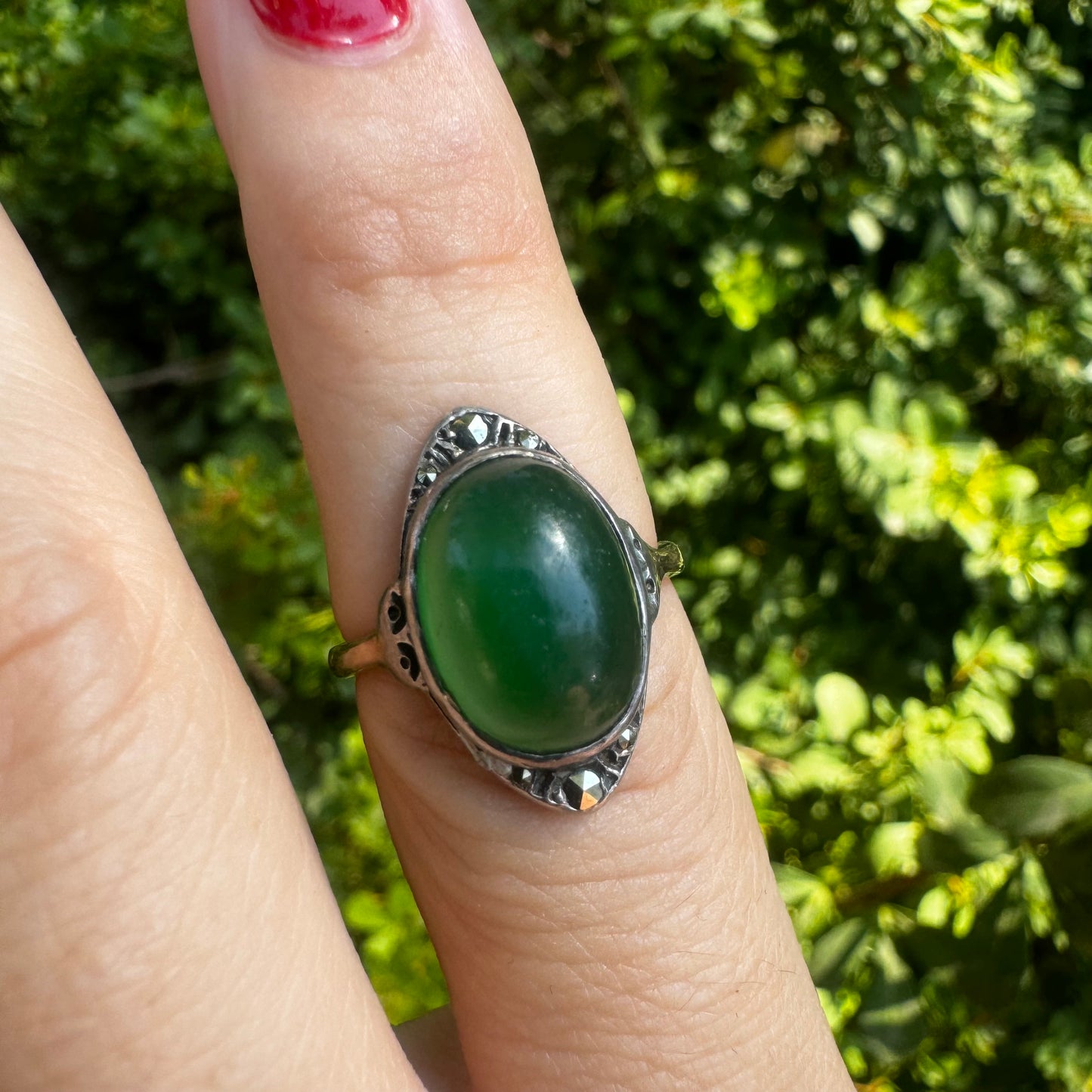 9K gold ring set with green Jade & Diamonds