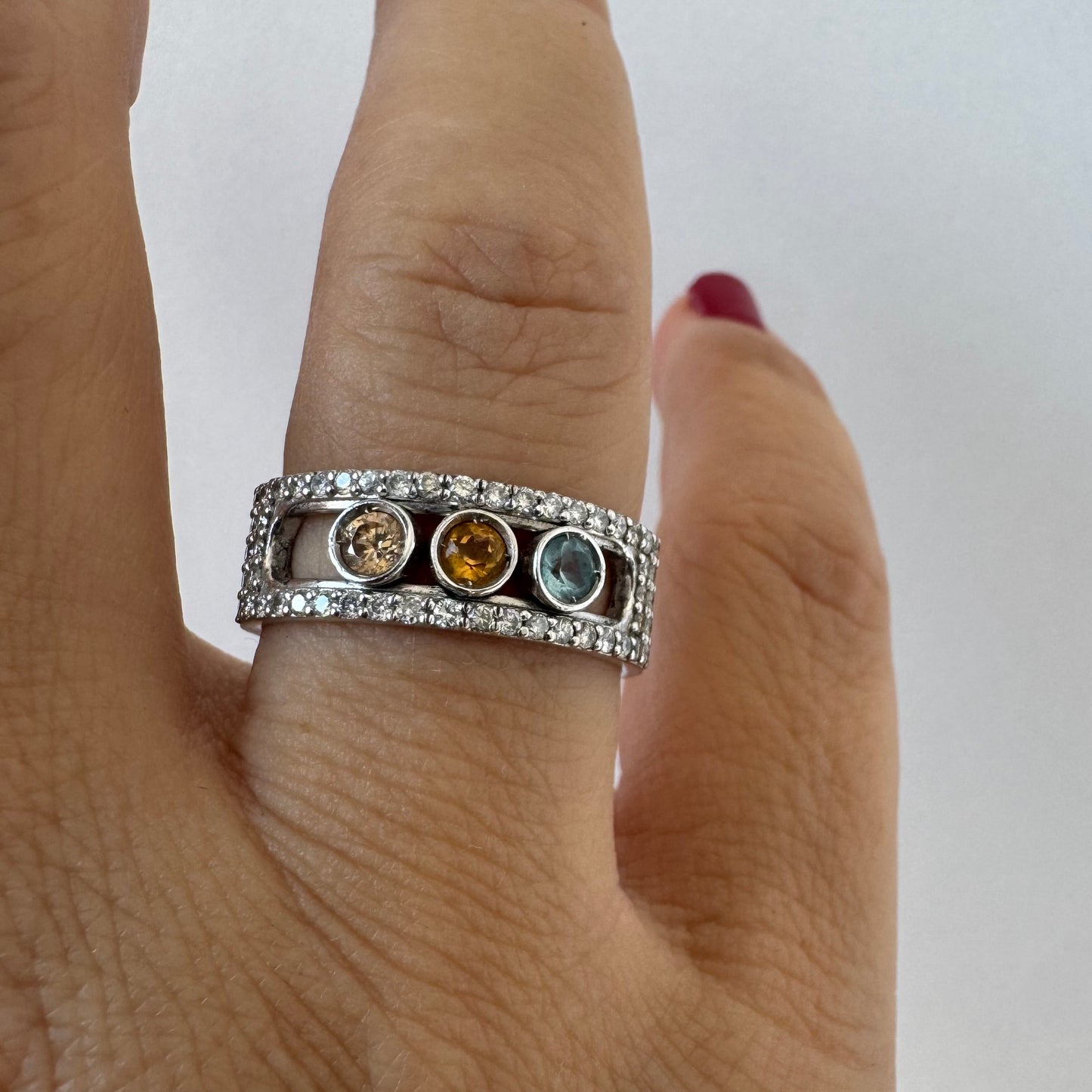 14K gold ring set with Aquamarine, Citrine and Rose Quartz framed sparkling diamonds