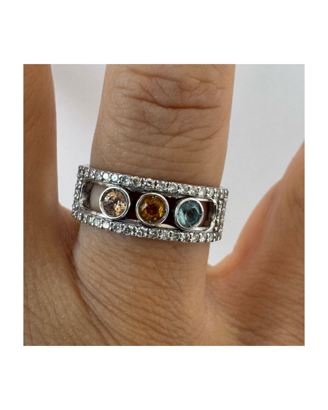 14K gold ring set with Aquamarine, Citrine and Rose Quartz framed sparkling diamonds