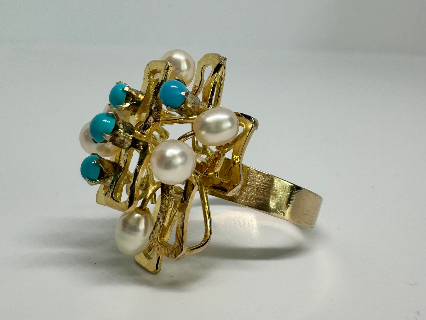 14K gold ring set with Turquoise & Pearls