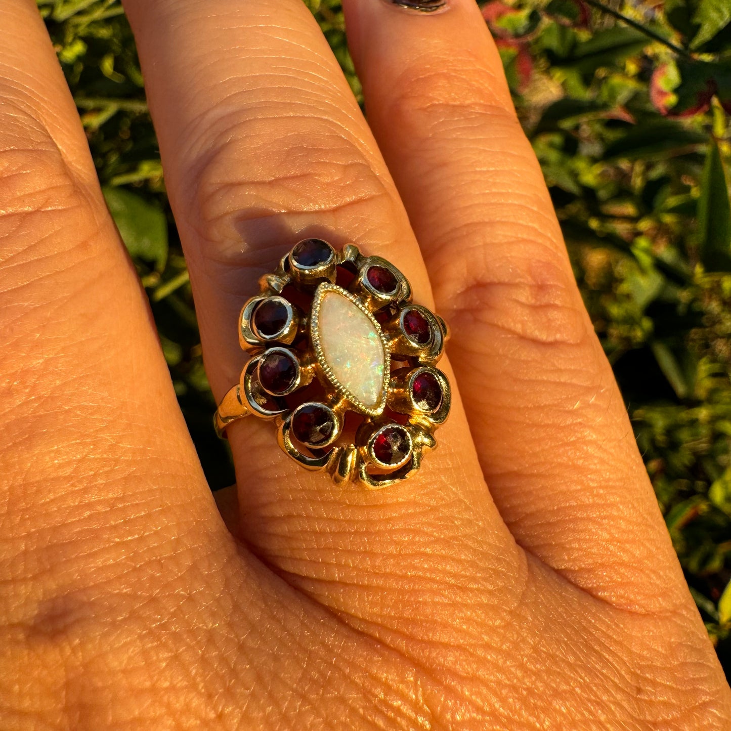 14K gold ring set with Opal & Garnets