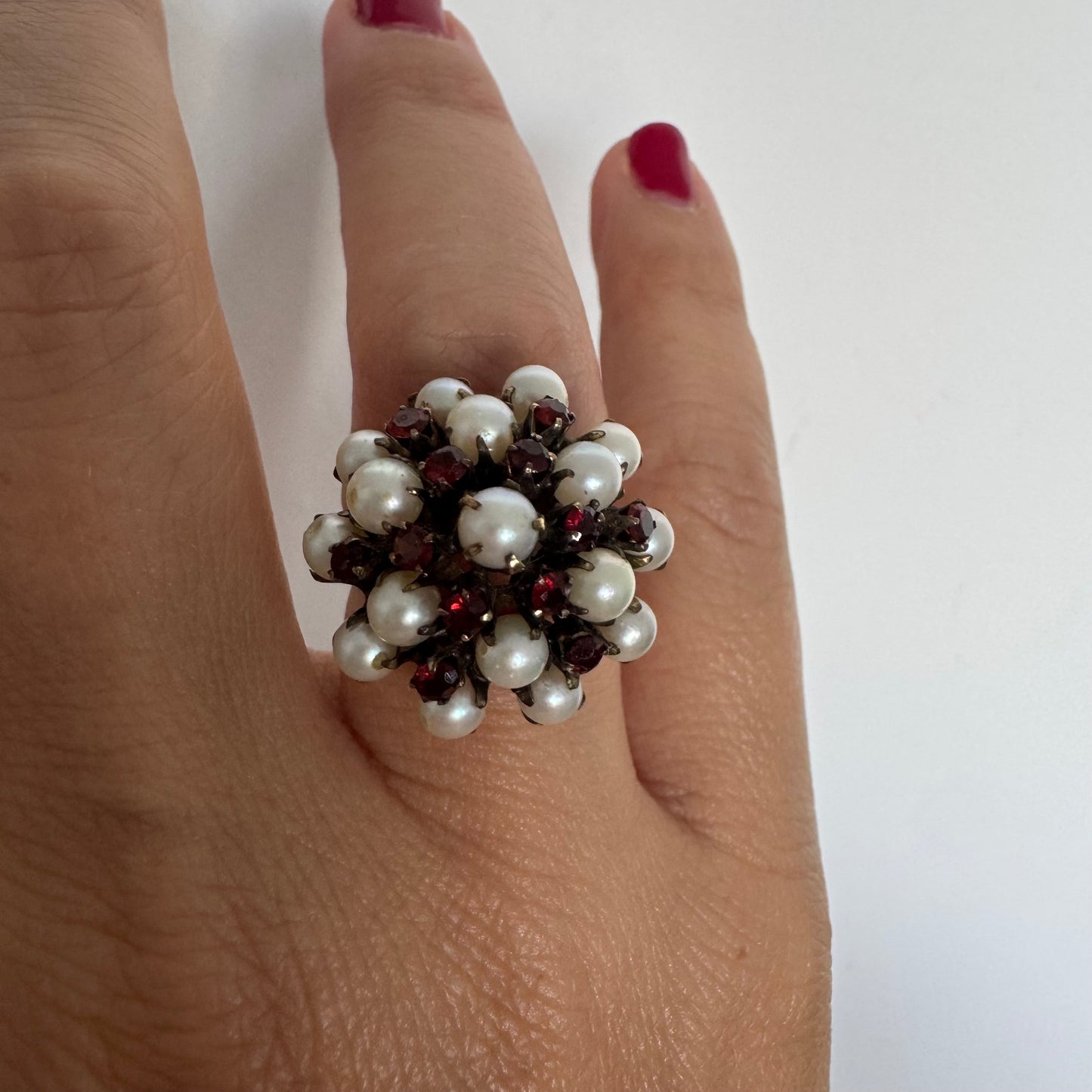 14K gold ring set with Pearls and fiery red Garnets