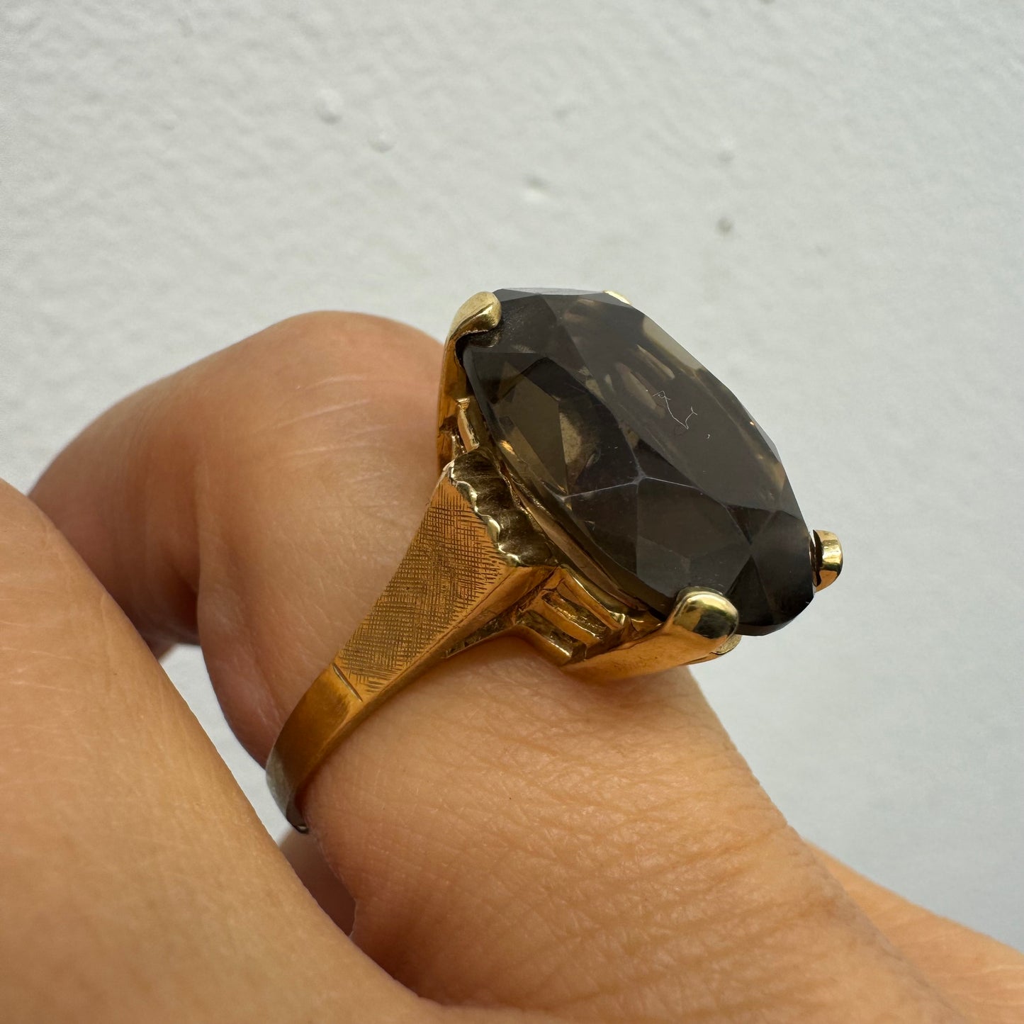 14K gold ring set with a striking Smoky Quartz in a deep, mysterious brown hue