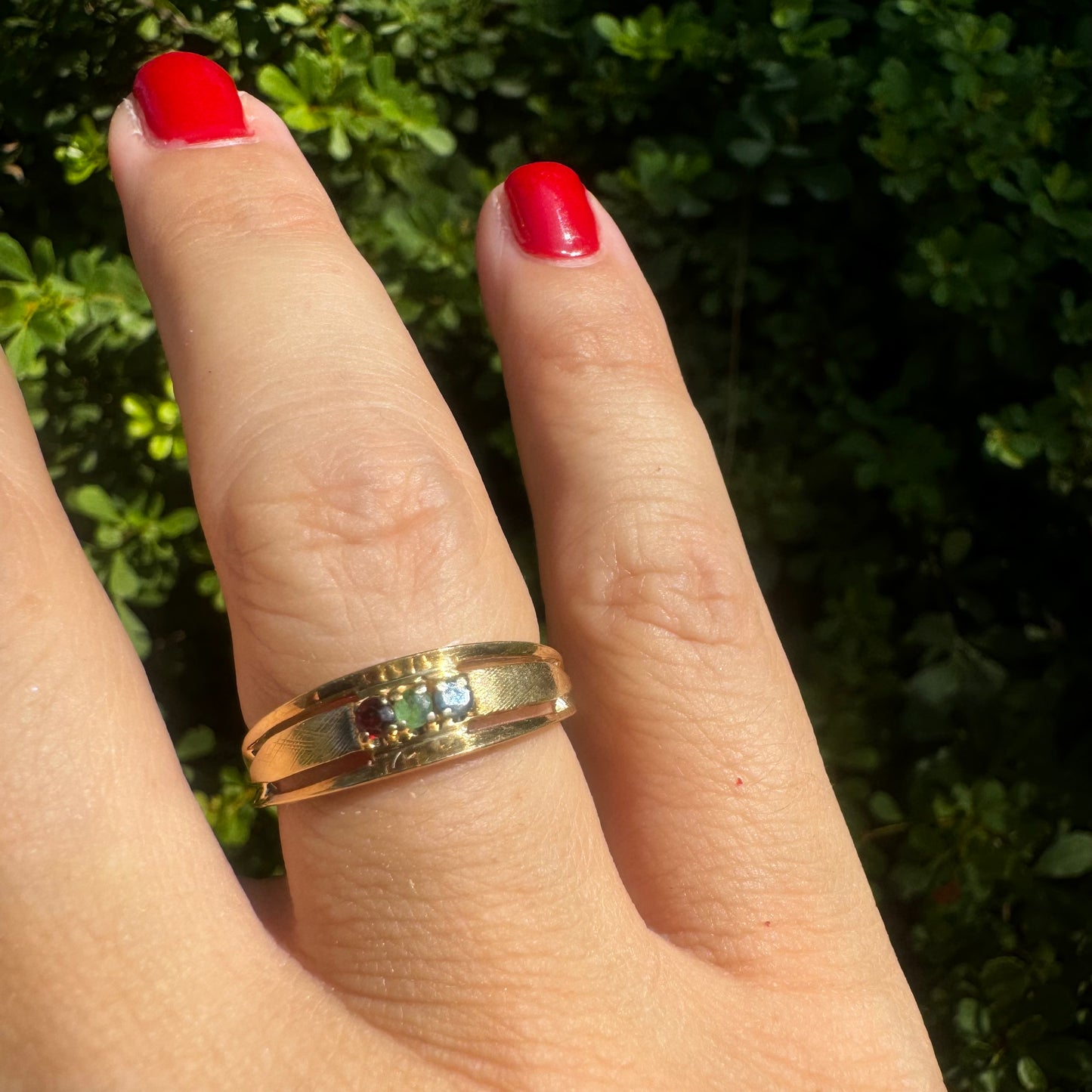 14K gold ring set with Ruby, Emerald & Sapphire