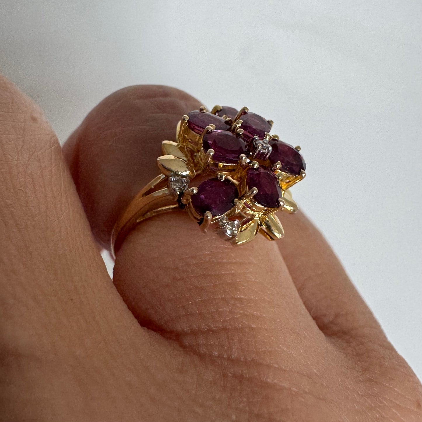 14K gold floral cluster ring set with a rich arrangement of deep pink Tourmaline & Diamonds
