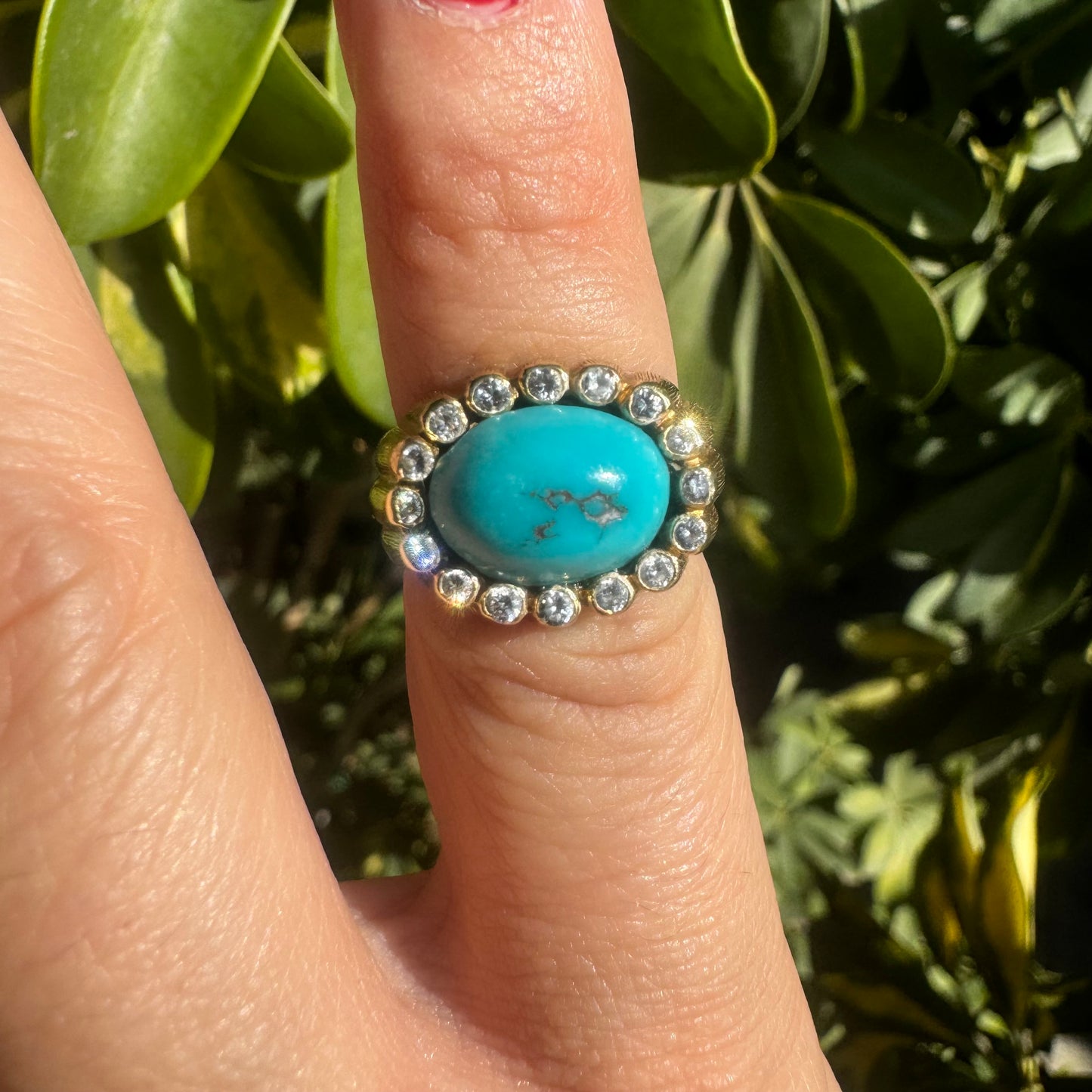 18K gold ring set with Turquoise & Diamonds