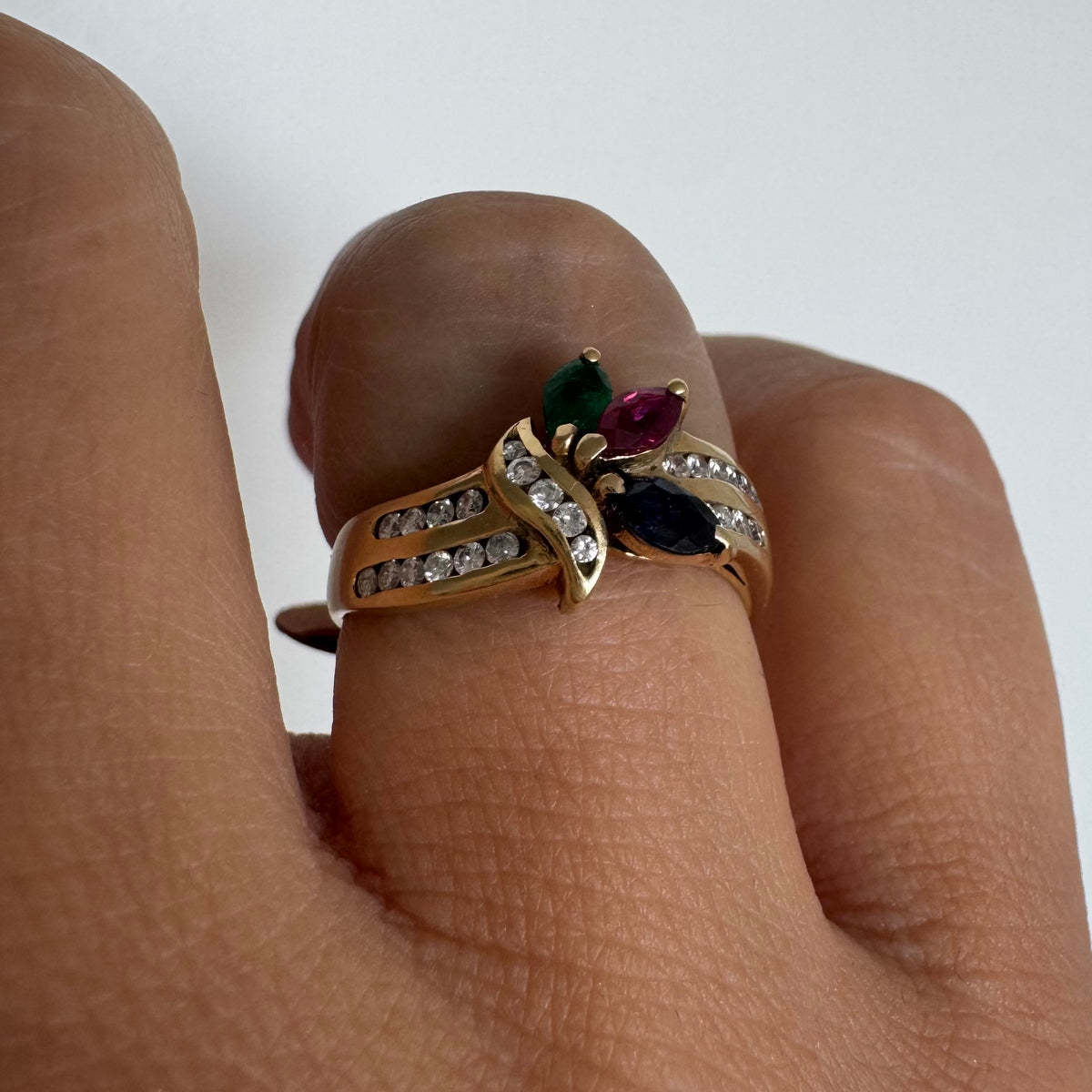 14K gold ring set with Diamonds & marquise-cut gemstones Emerald, Ruby & Sapphire