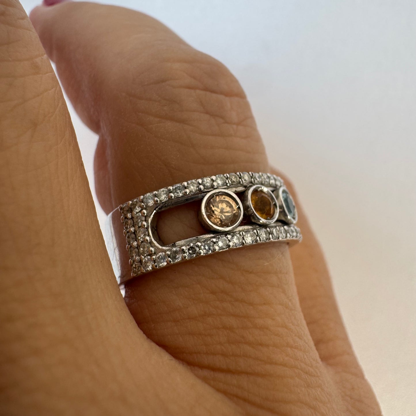 14K gold ring set with Aquamarine, Citrine and Rose Quartz framed sparkling diamonds