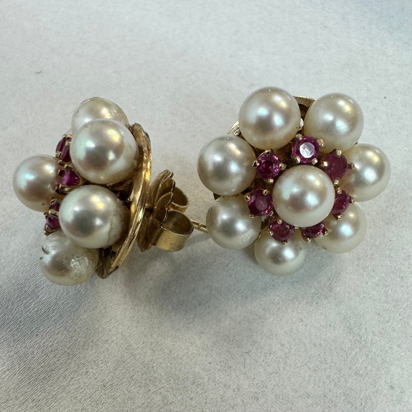 14K gold stud earrings set with Ruby & Pearls