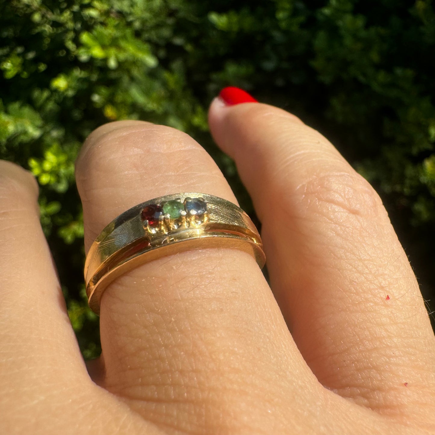 14K gold ring set with Ruby, Emerald & Sapphire