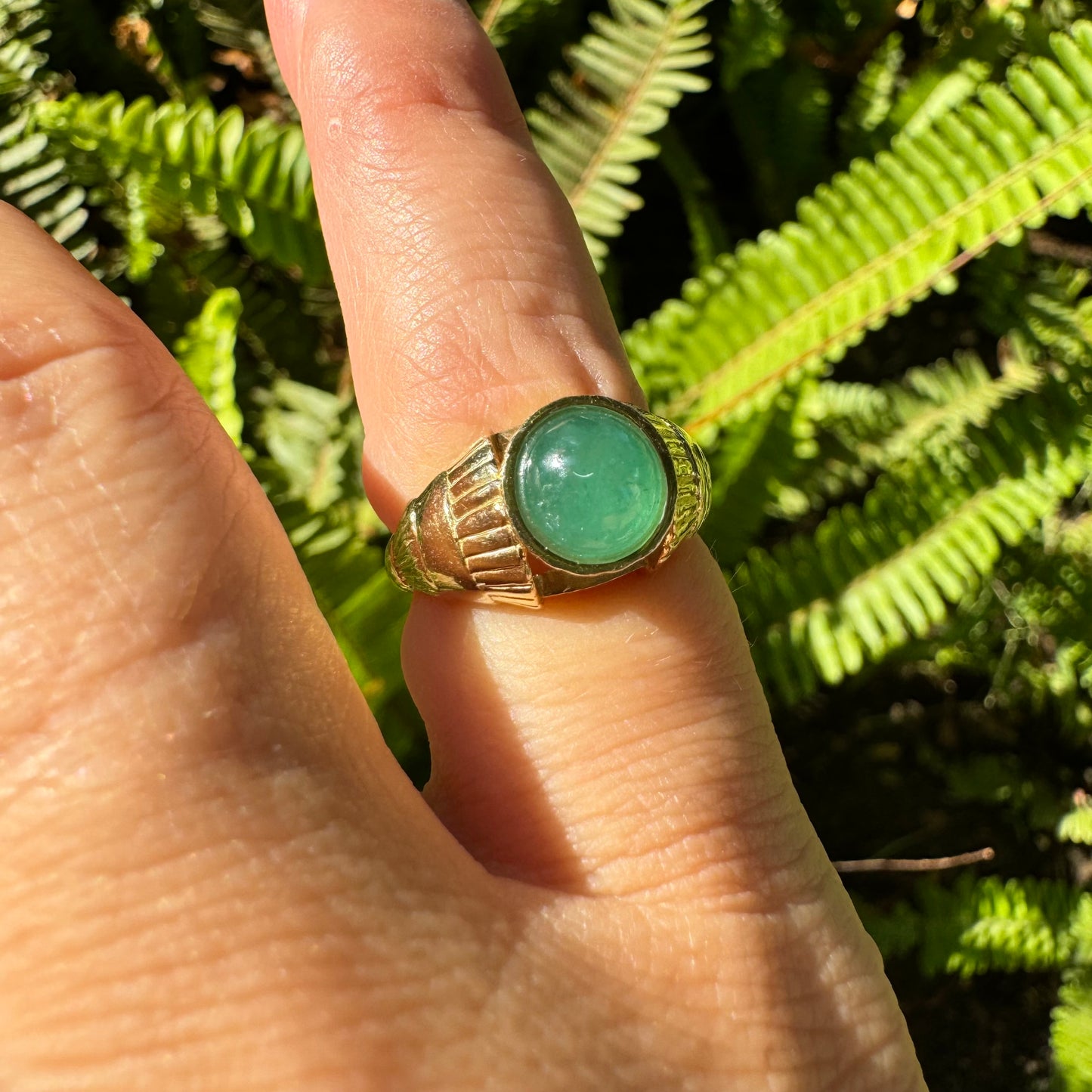 14K gold ring set with green Jade