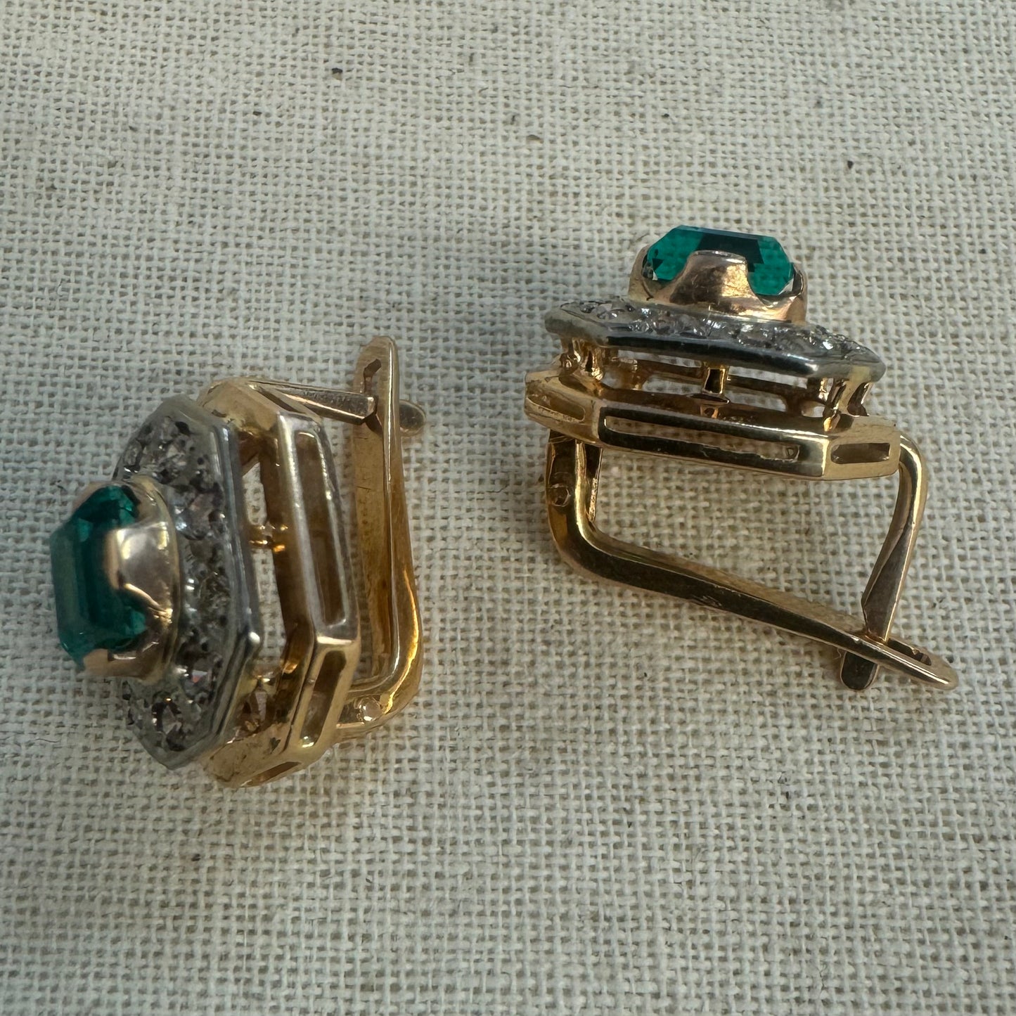 14K gold earrings set with Emerald & Diamonds