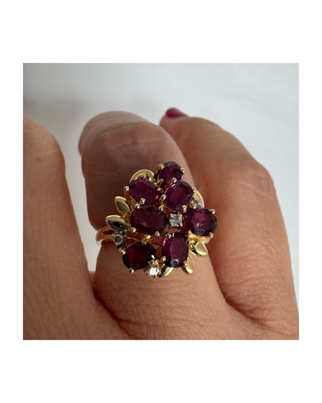 14K gold floral cluster ring set with a rich arrangement of deep pink Tourmaline & Diamonds