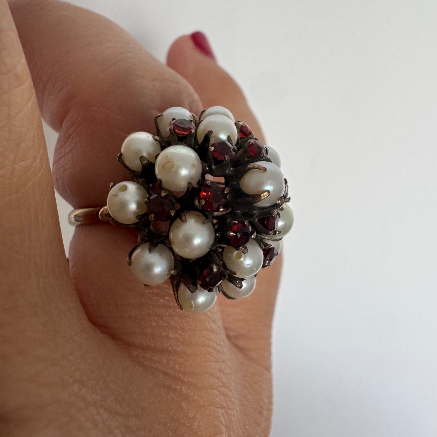 14K gold ring set with Pearls and fiery red Garnets