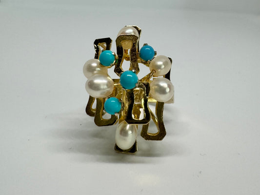 14K gold ring set with Turquoise & Pearls