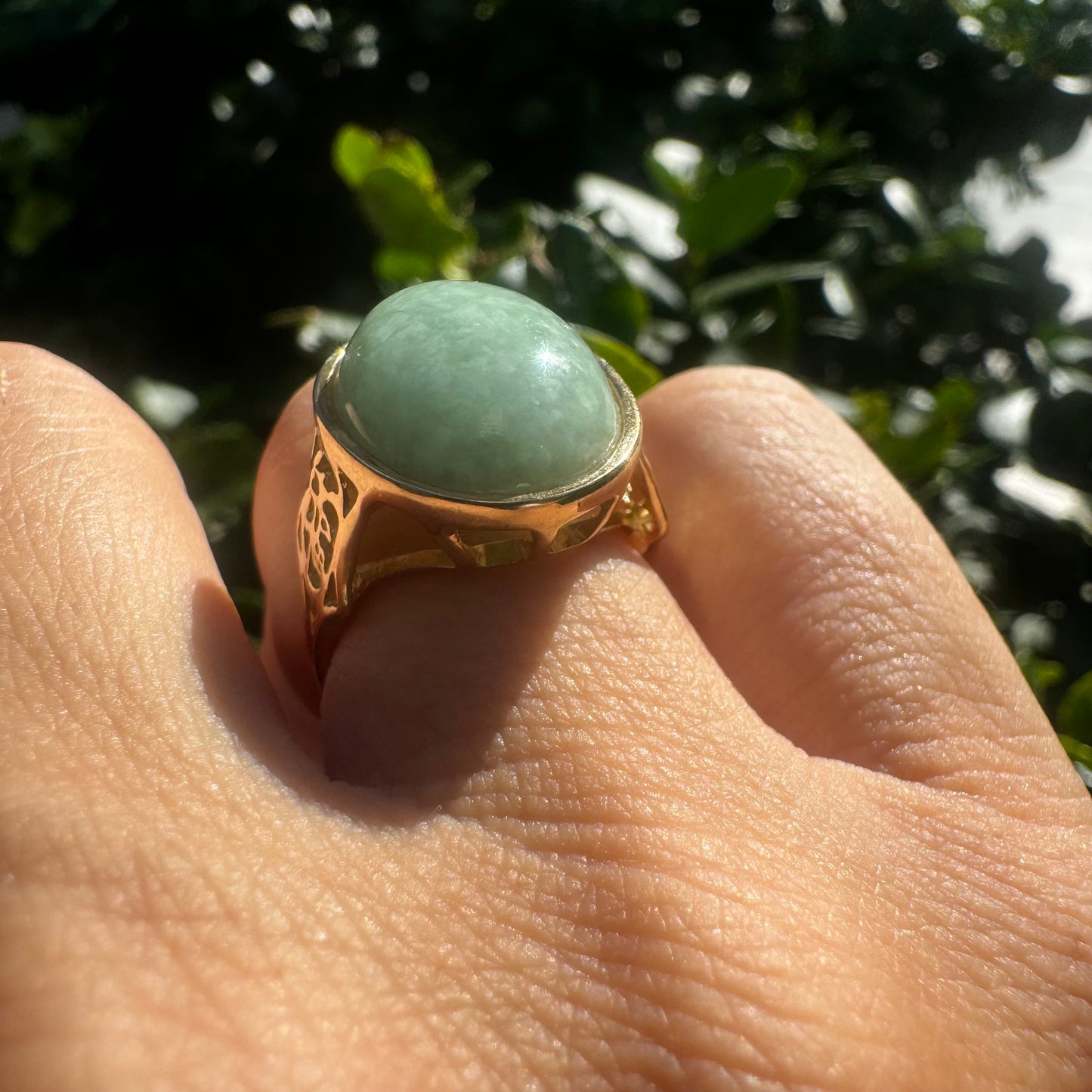 14K gold ring set with Light Green Jade