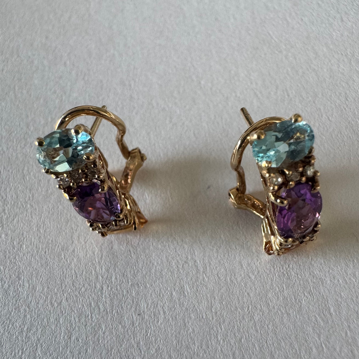 14K gold earrings featuring a beautiful arrangement of multi-colored gemstones & Diamonds