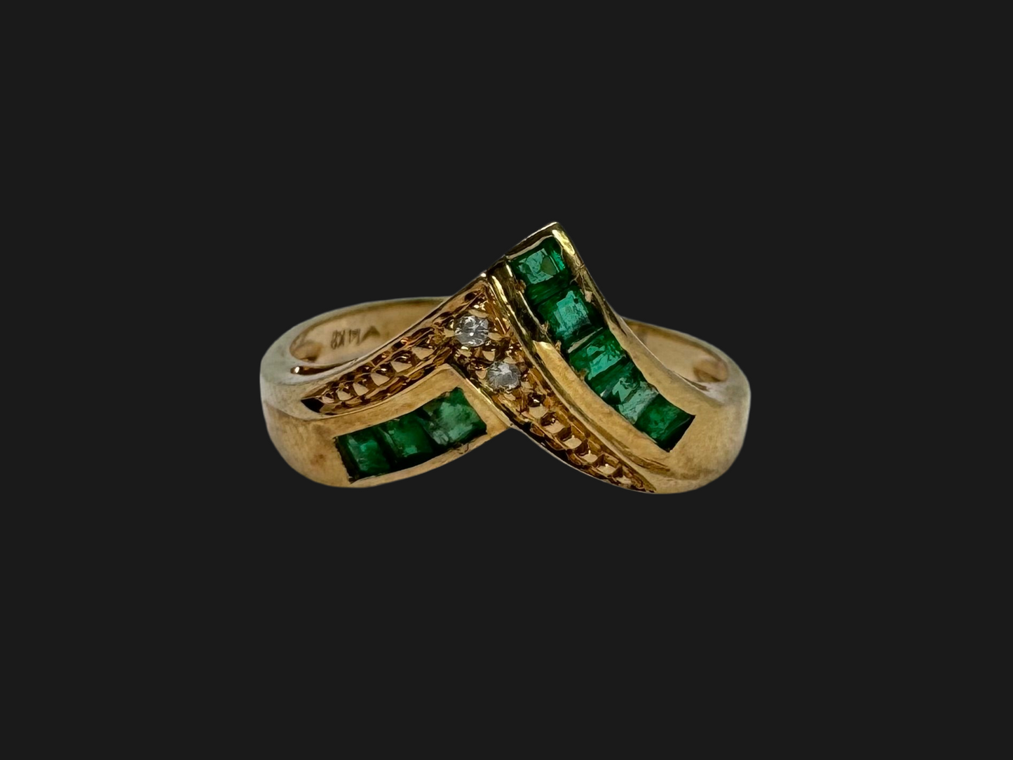 14K gold ring set with Emeralds & Diamonds