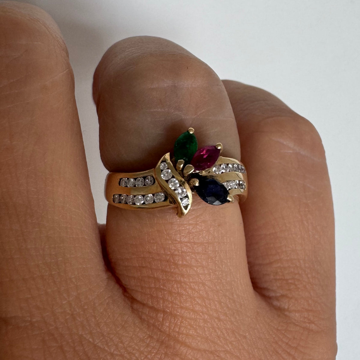 14K gold ring set with Diamonds & marquise-cut gemstones Emerald, Ruby & Sapphire
