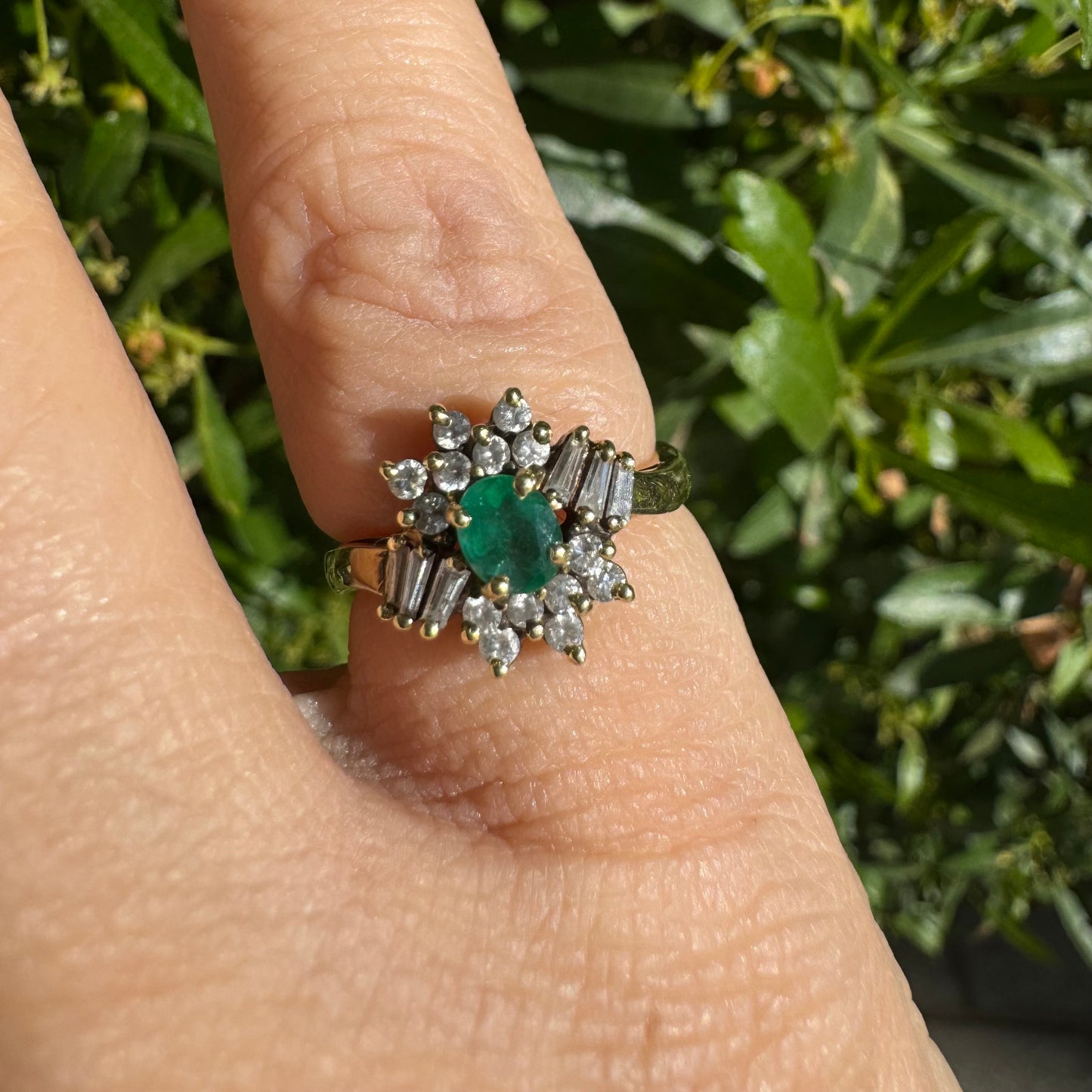 14K gold ring set with Emerald & Diamonds