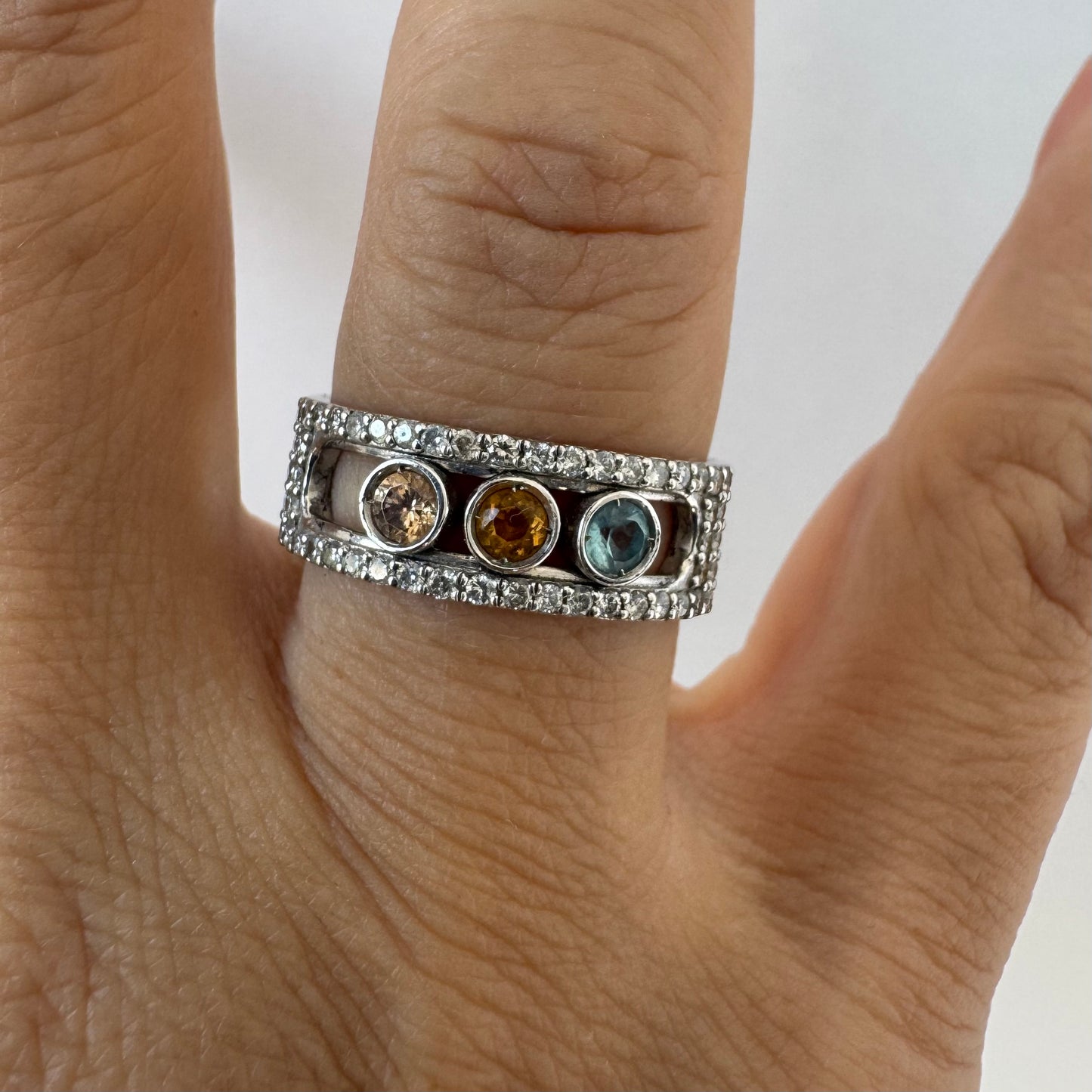 14K gold ring set with Aquamarine, Citrine and Rose Quartz framed sparkling diamonds