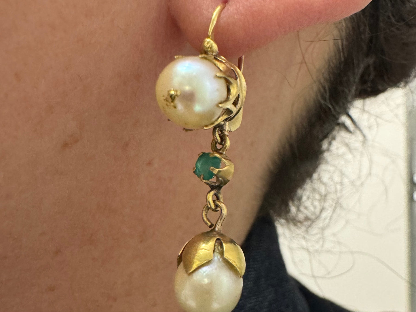 14K gold Drop Earrings set with Pearls & Emerald