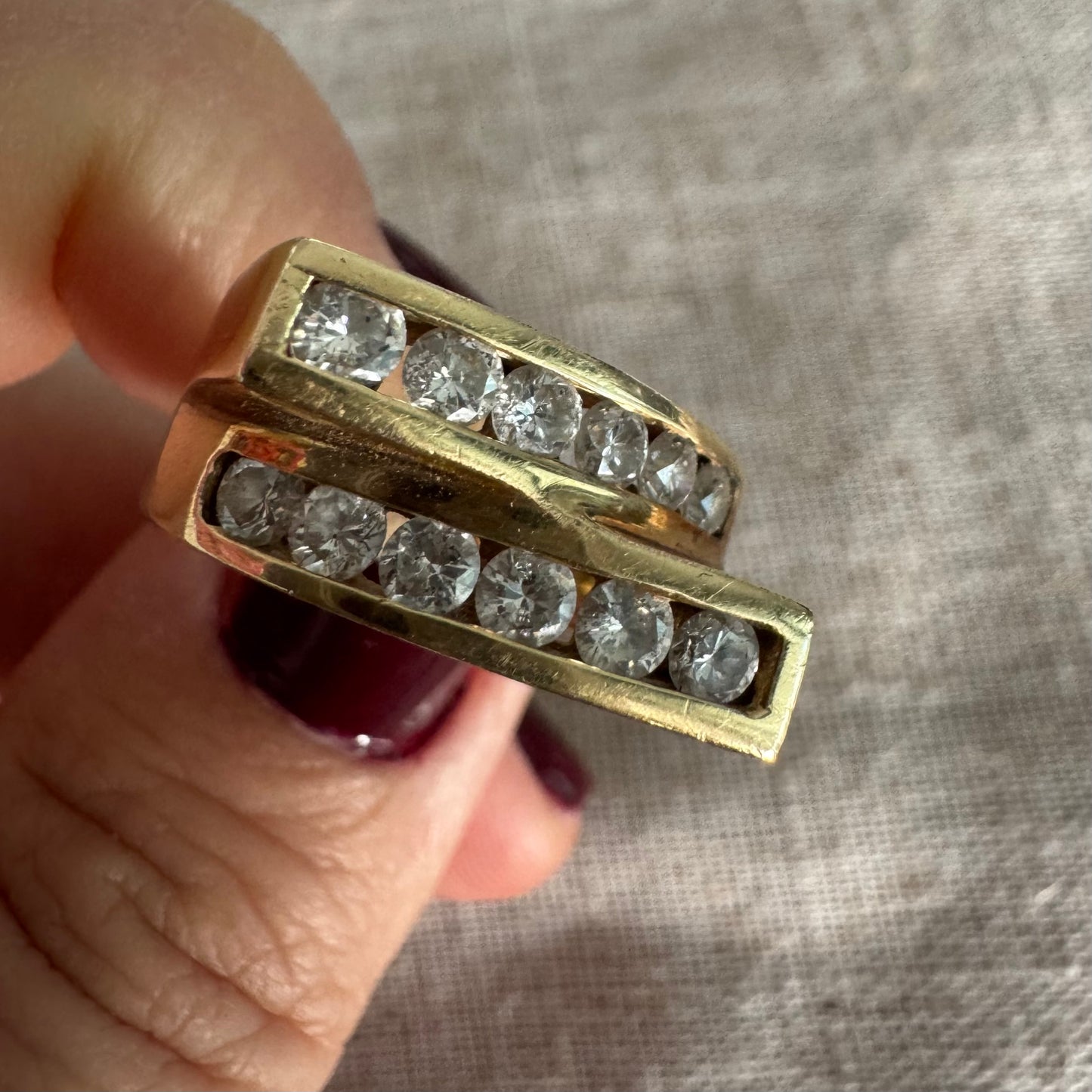 14K gold ring set with two parallel Diamond-set rows