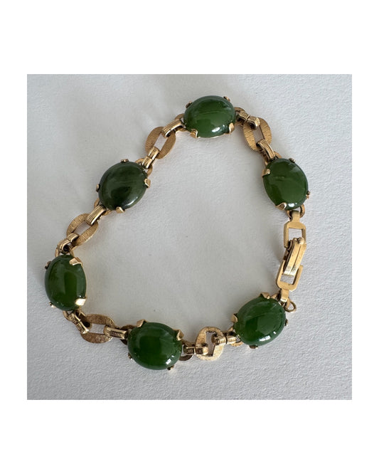 14K gold bracelet set with oval green Jade cabochons and textured gold links