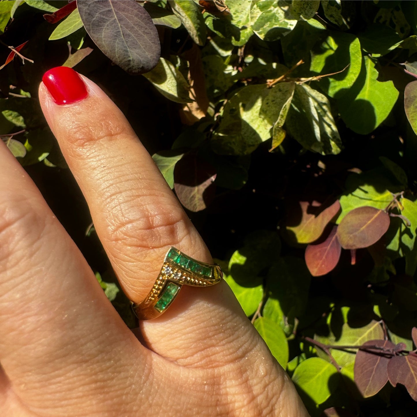 14K gold ring set with Emeralds & Diamonds