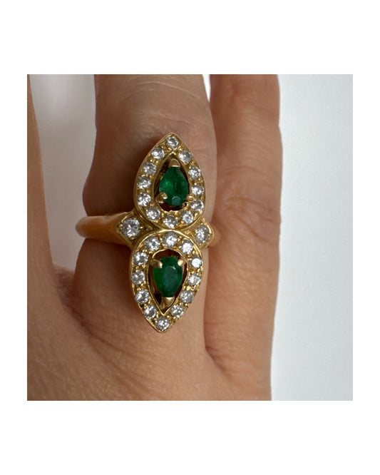 18K gold ring set with two pear-cut Emeralds & Diamonds