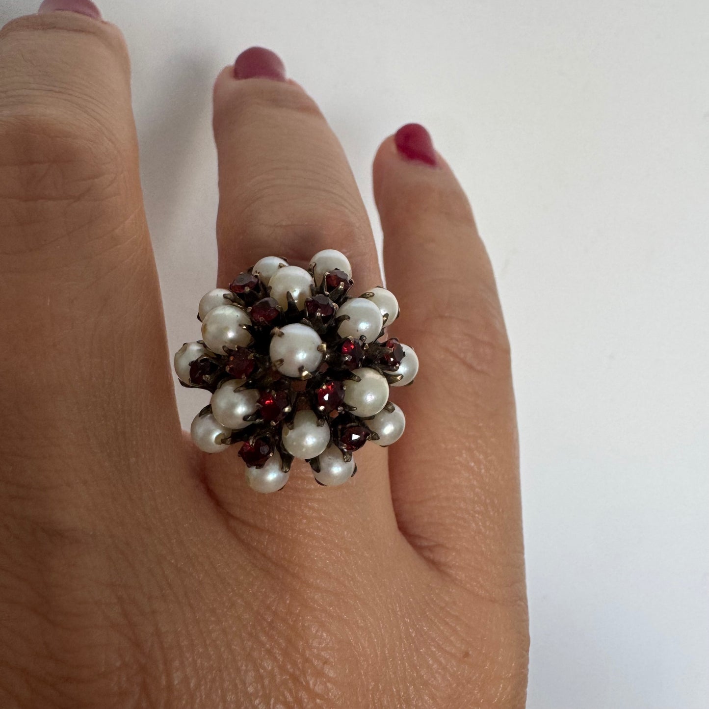 14K gold ring set with Pearls and fiery red Garnets