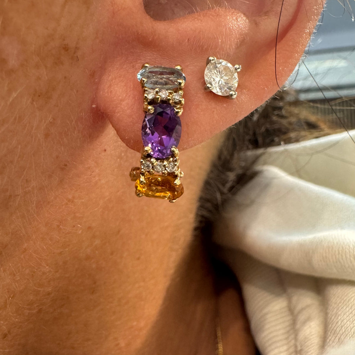 14K gold earrings featuring a beautiful arrangement of multi-colored gemstones & Diamonds
