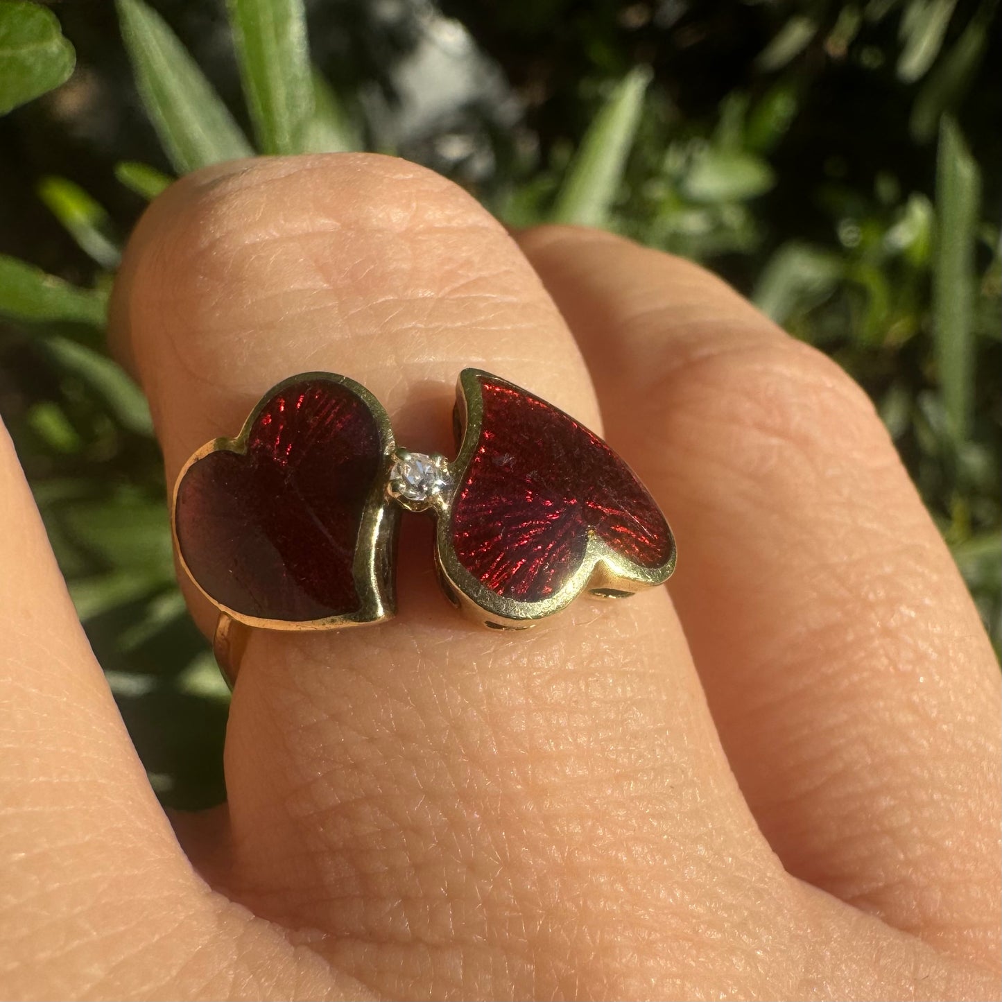 14K gold ring “Two Hearts” set with red enamel & one center Diamond