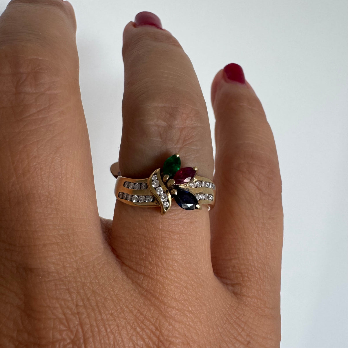 14K gold ring set with Diamonds & marquise-cut gemstones Emerald, Ruby & Sapphire