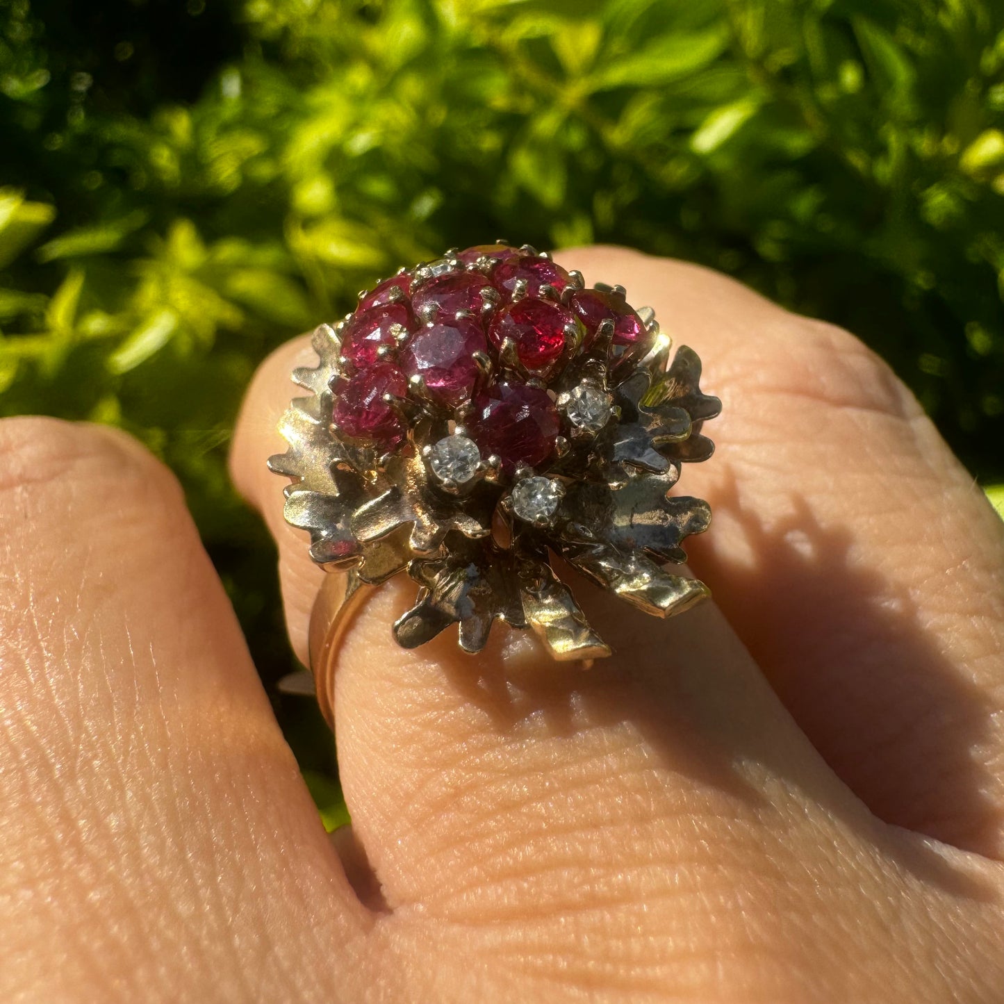 14K gold ring set with Garnet & Diamonds