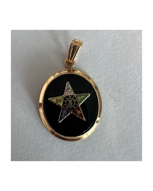 תליון זהב 10 קראט משובץ לוח אבן שחורה ובמרכזו כוכב מחומש צבעוני בעבודת אמייל עדינה עם האותיות F.L.T. וסביבו סמלים בגוונים שונים