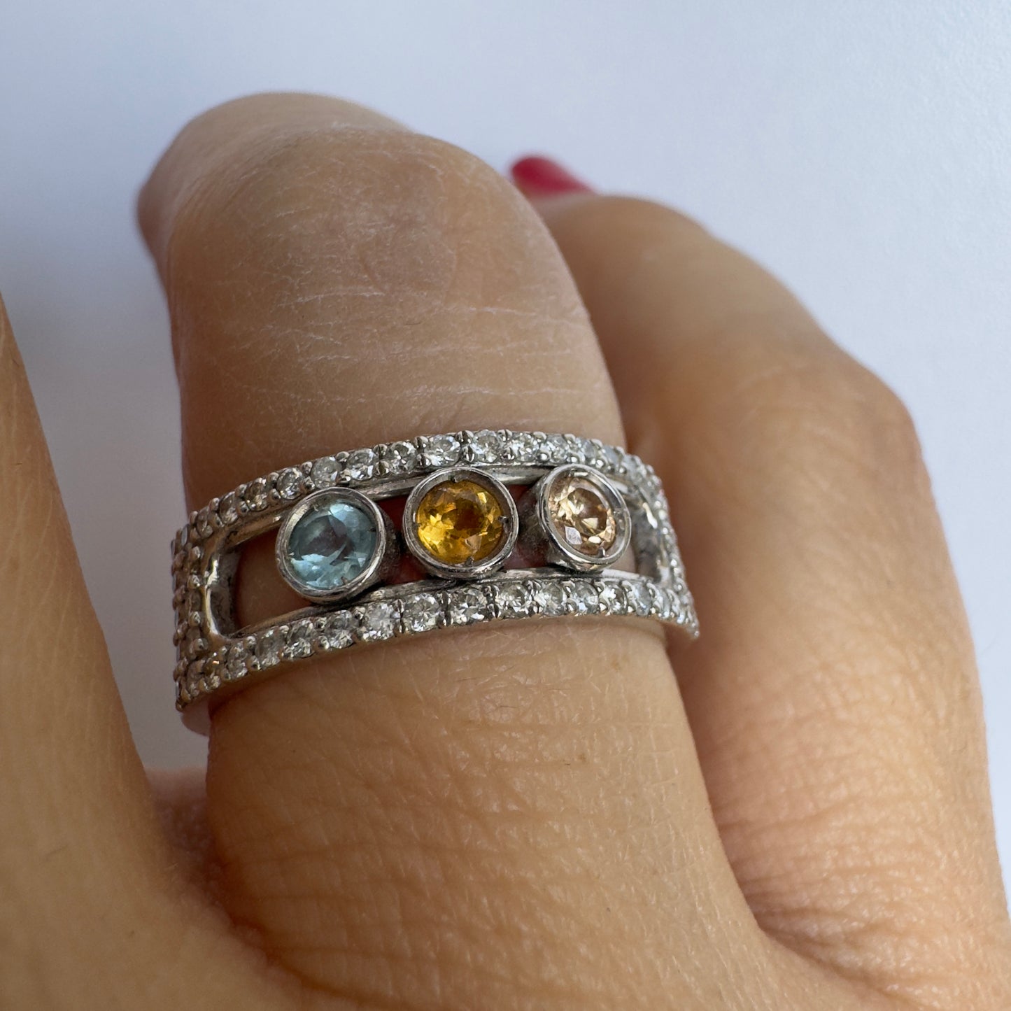 14K gold ring set with Aquamarine, Citrine and Rose Quartz, framed by a pave’ of sparkling diamonds