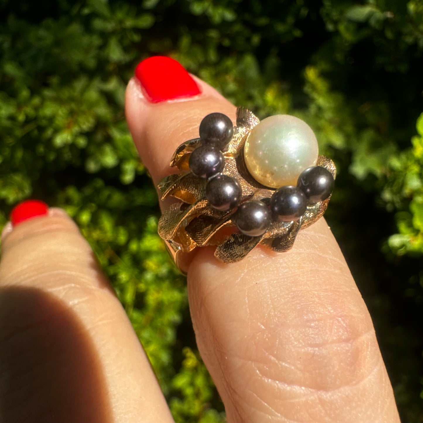 14K gold ring set with Pearl & Black Pearls