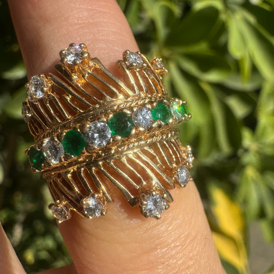 14K gold ring set with Emerald & Diamonds