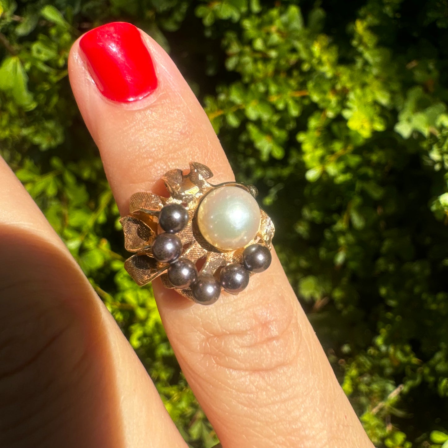 14K gold ring set with Pearl & Black Pearls