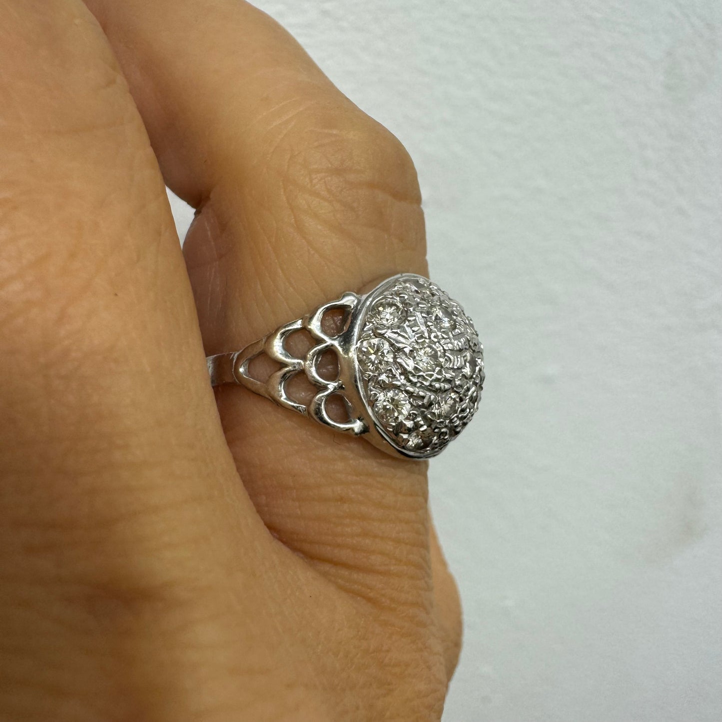 14k white gold ring featuring a domed pavé-style setting covered in sparkling Diamonds