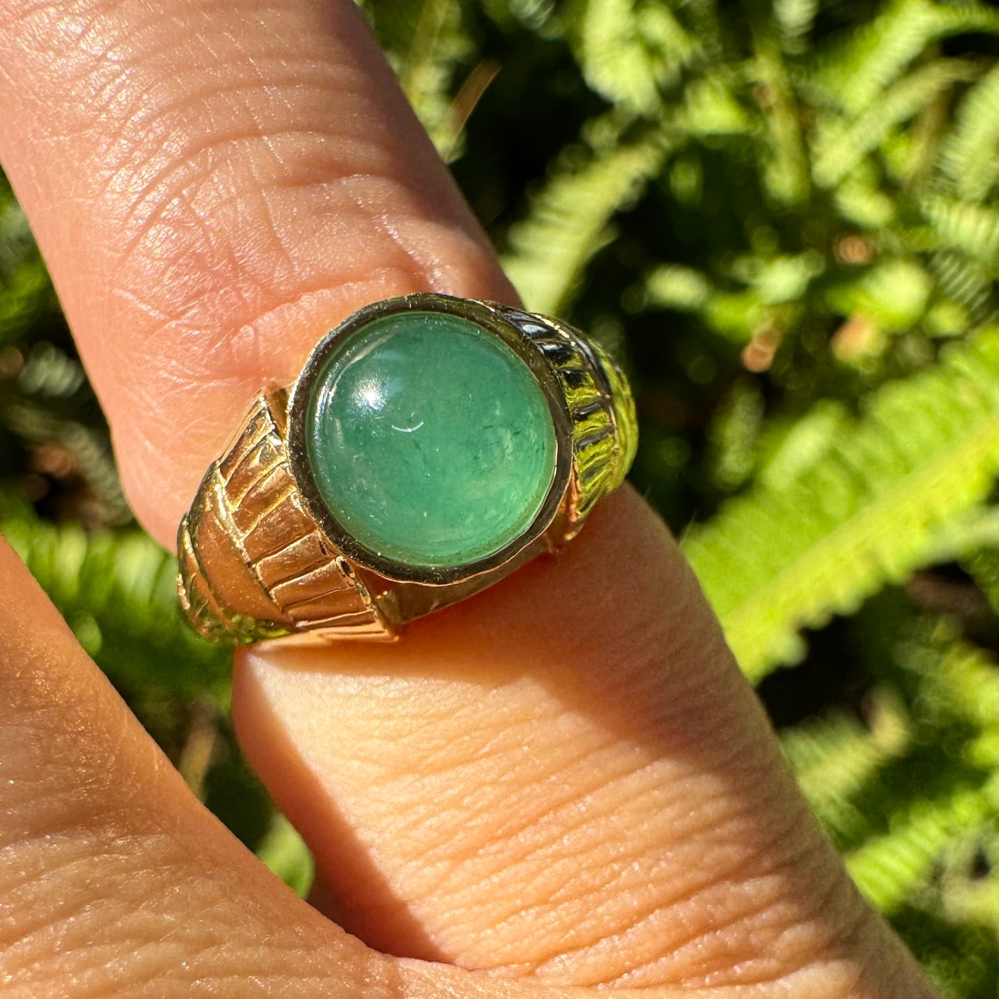 14K gold ring set with green Jade