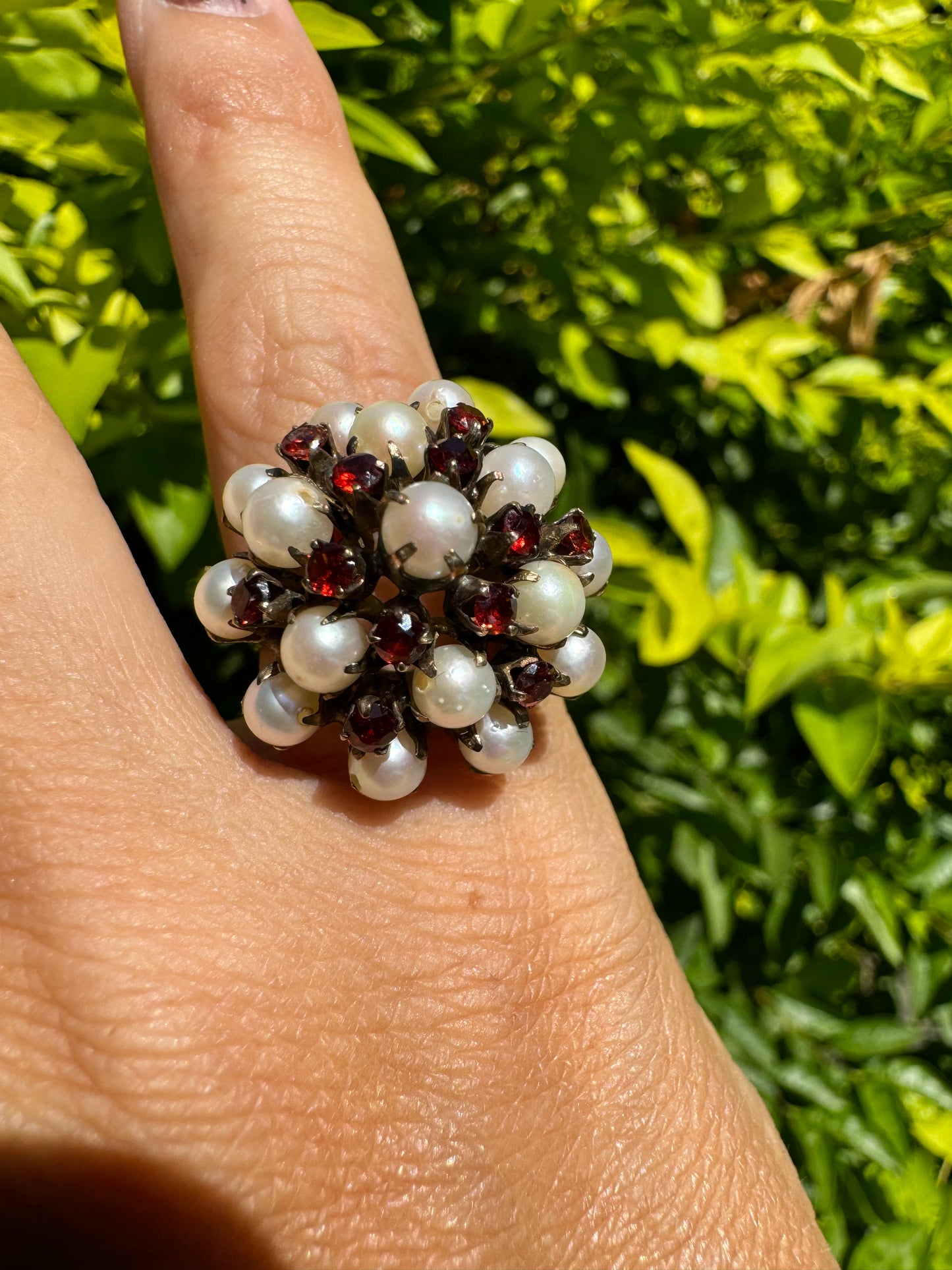 14K gold ring set with Pearl & Garnet