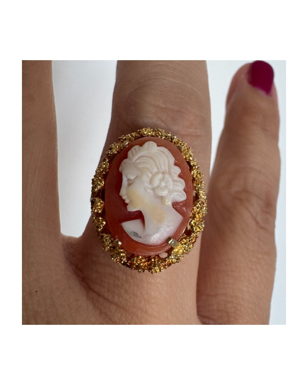 14K gold Cameo ring featuring an oval carved female profile
