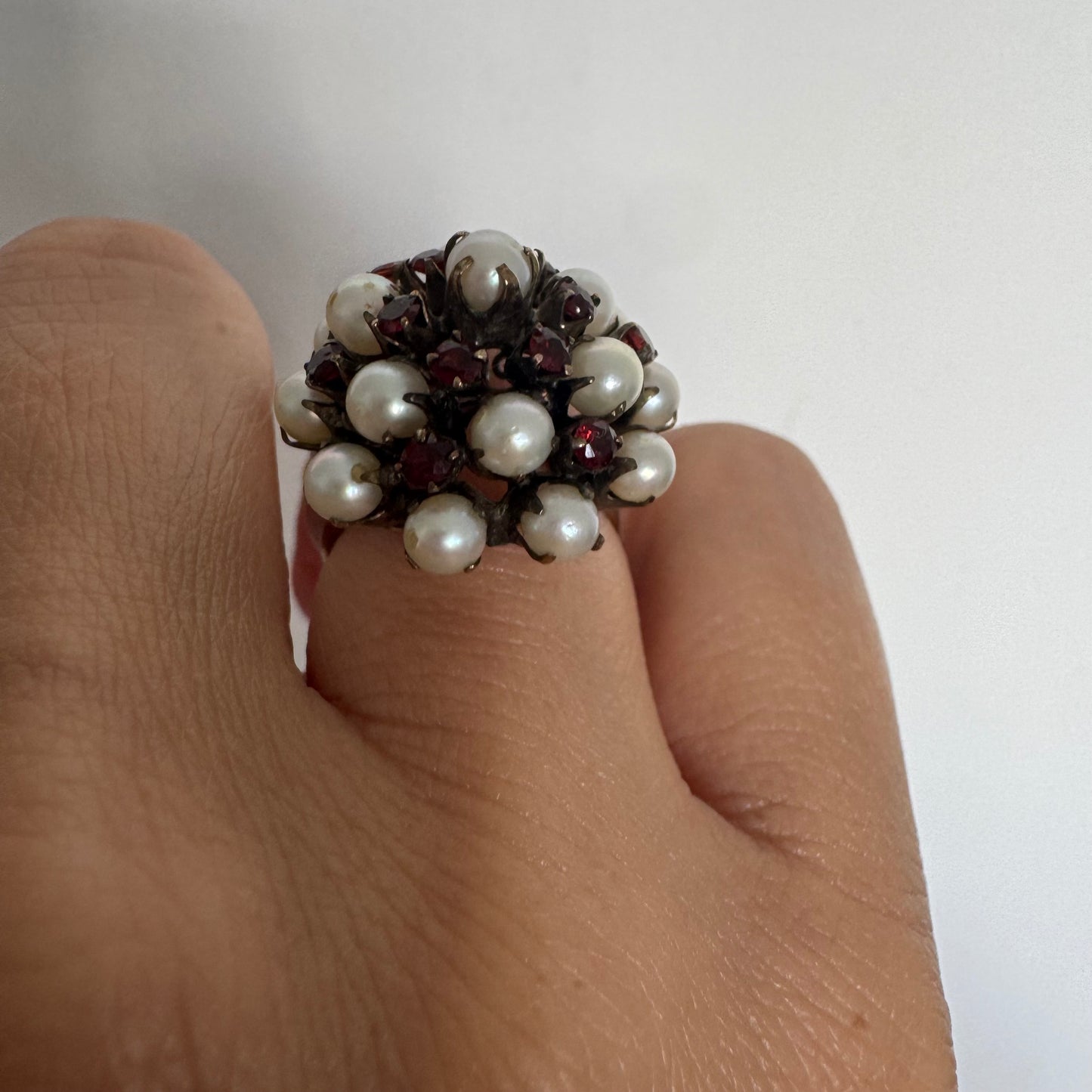 14K gold ring set with Pearls and fiery red Garnets