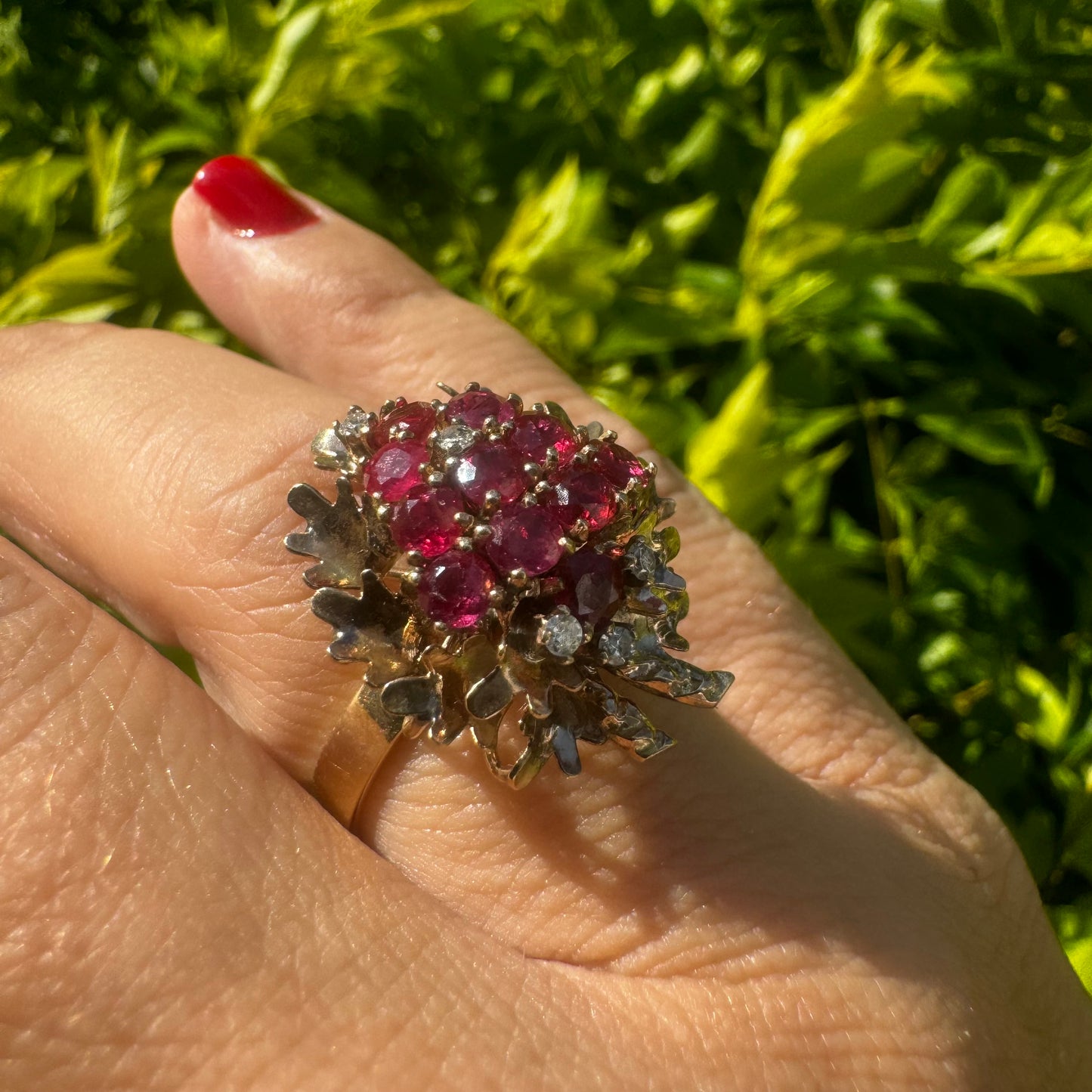 14K gold ring set with Garnet & Diamonds