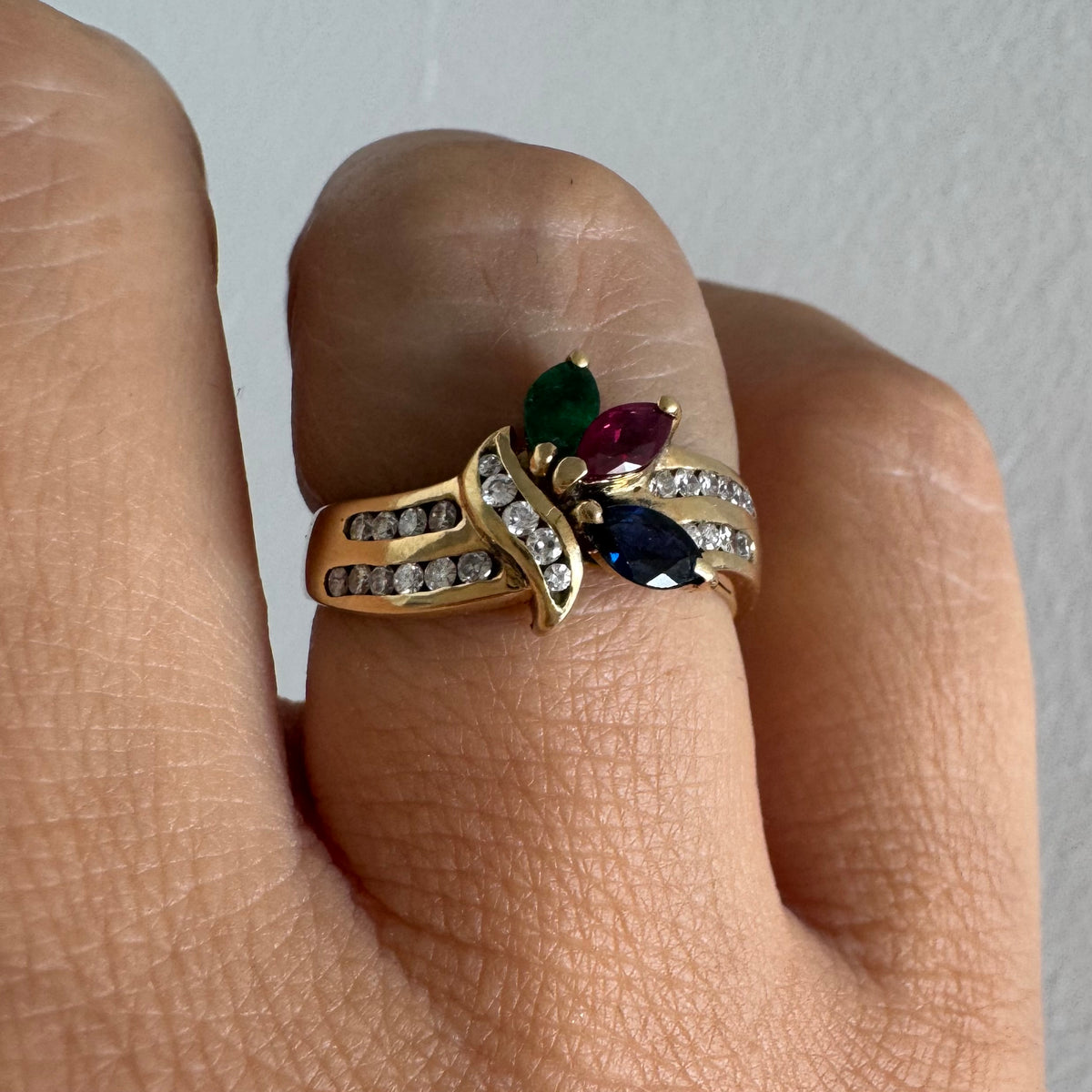 14K gold ring set with Diamonds & marquise-cut gemstones Emerald, Ruby & Sapphire