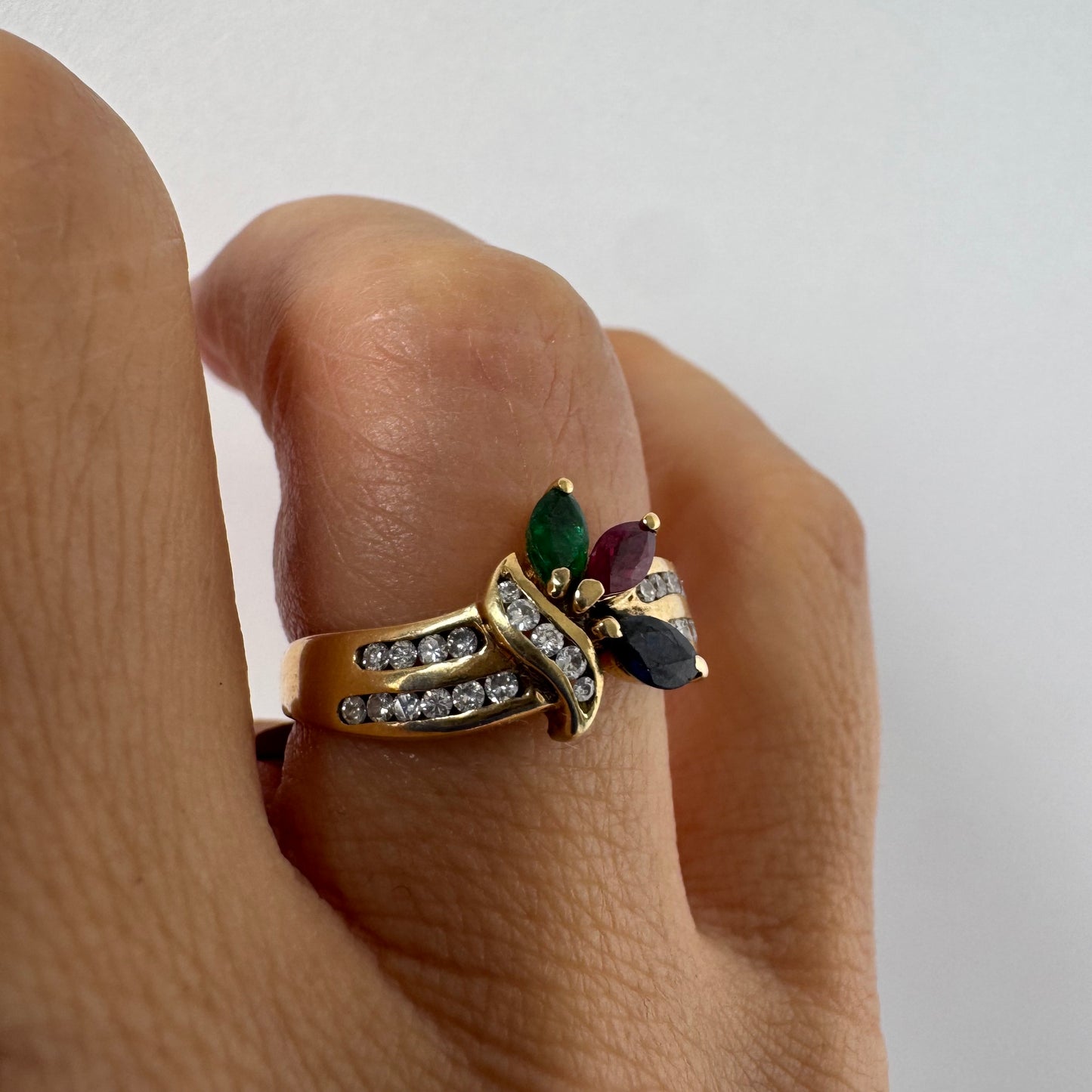 14K gold ring set with Diamonds & marquise-cut gemstones Emerald, Ruby & Sapphire