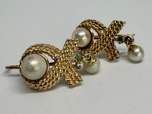 14K gold Drop Earrings set with Pearl & Emerald